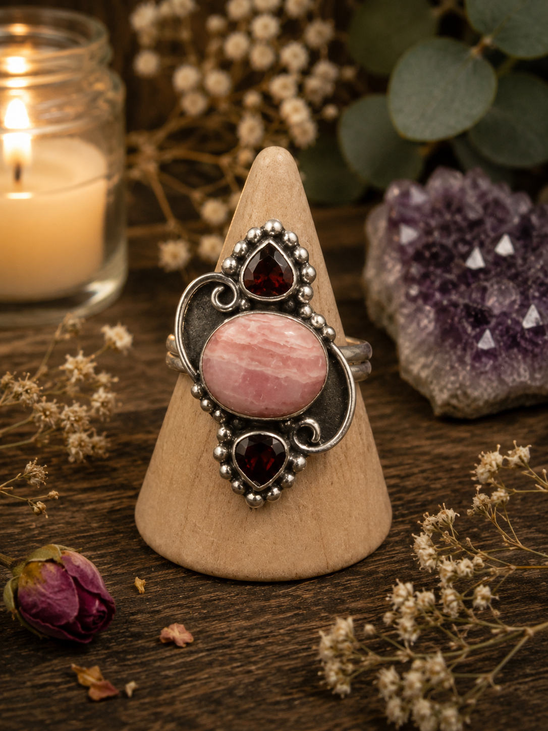 GARNET & RHODOCHROSITE SILVER RING