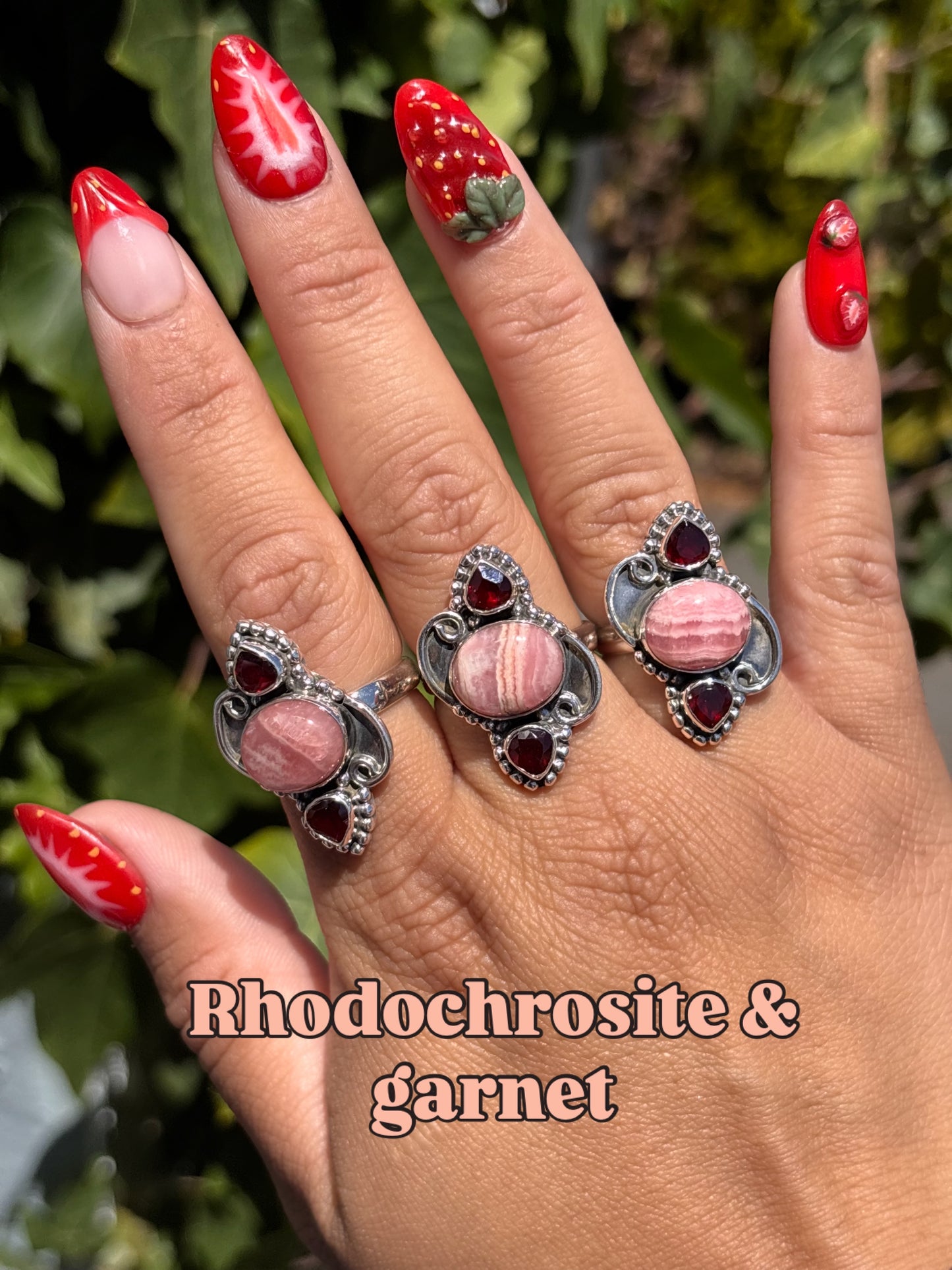 Rhodochrosite and garnet ring