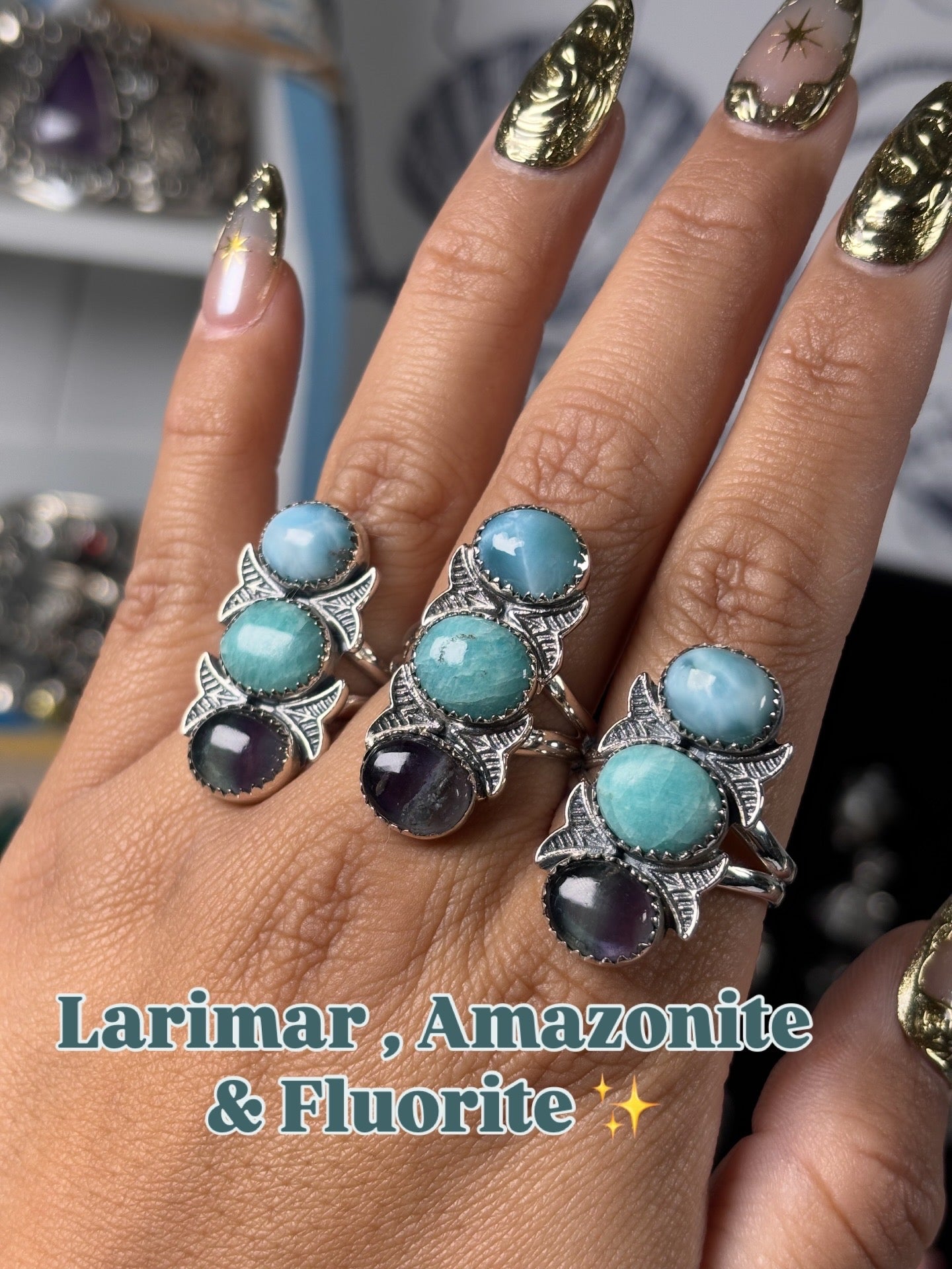 Larimar , Amazonite and Fluorite Rings