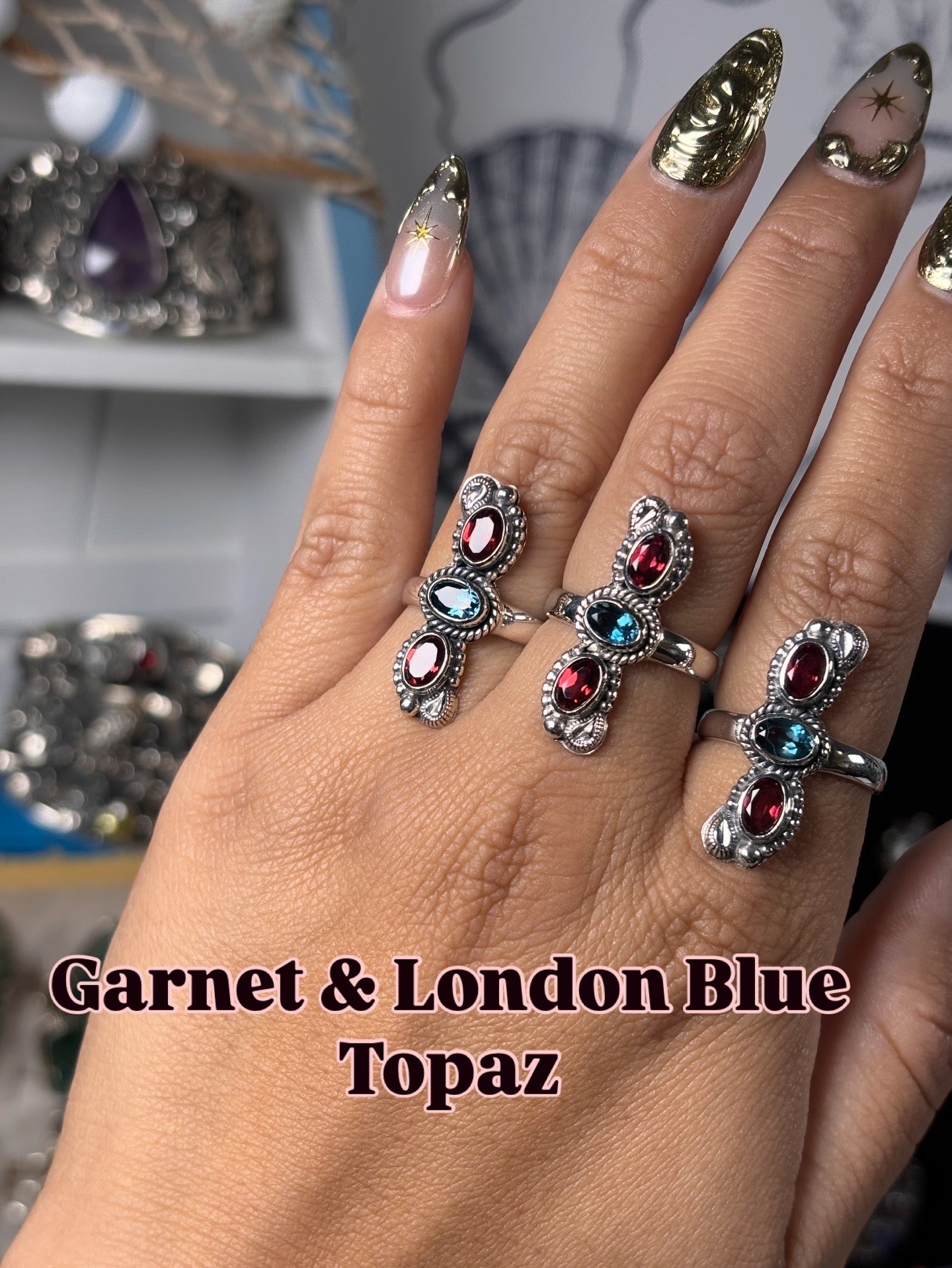 Garnet and London Blue Topaz rings