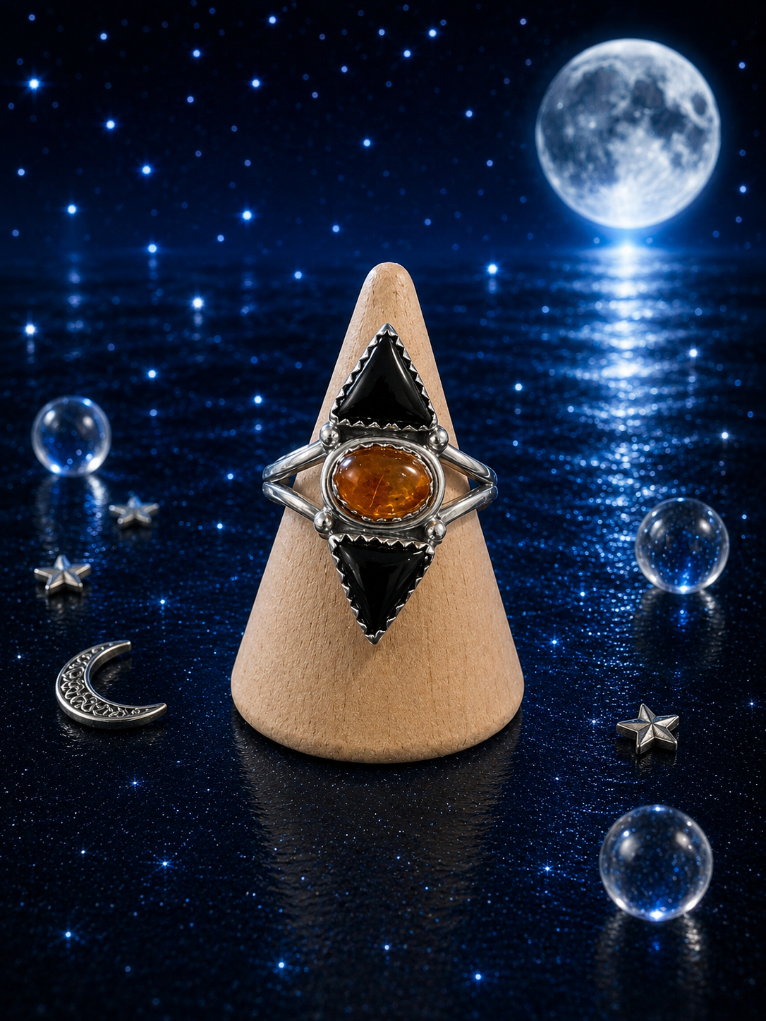 BLACK ONYX & AMBER SILVER RING