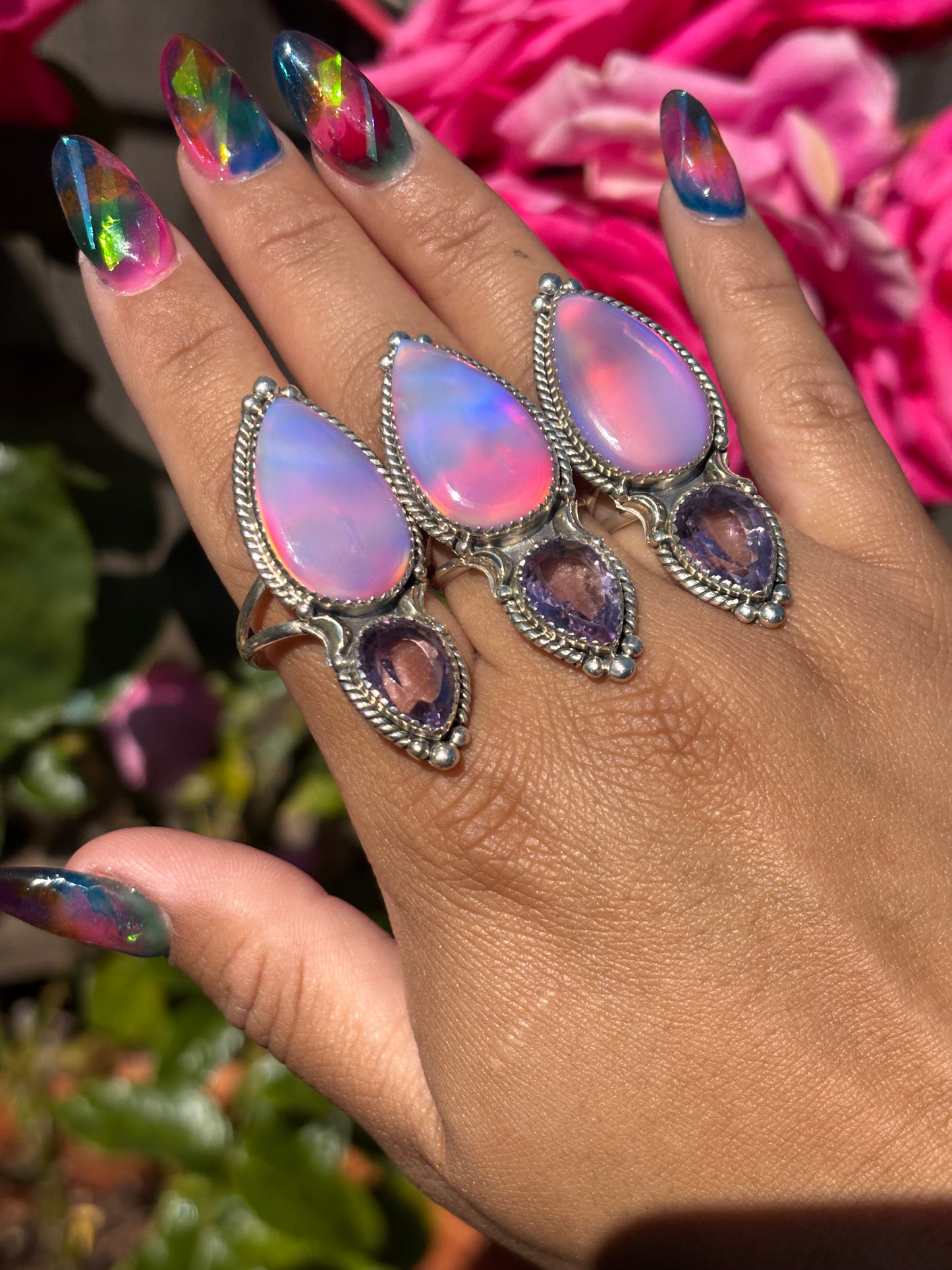 Aurora Opal & amethyst ring