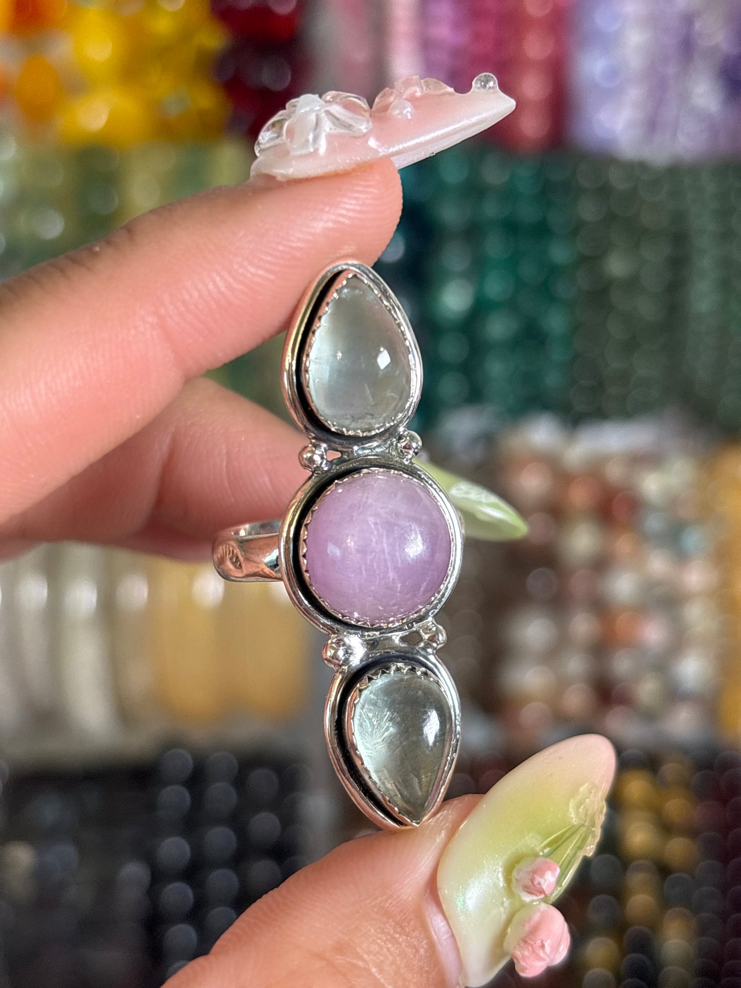 Moss Aquamarine and Kunzite Statement Ring