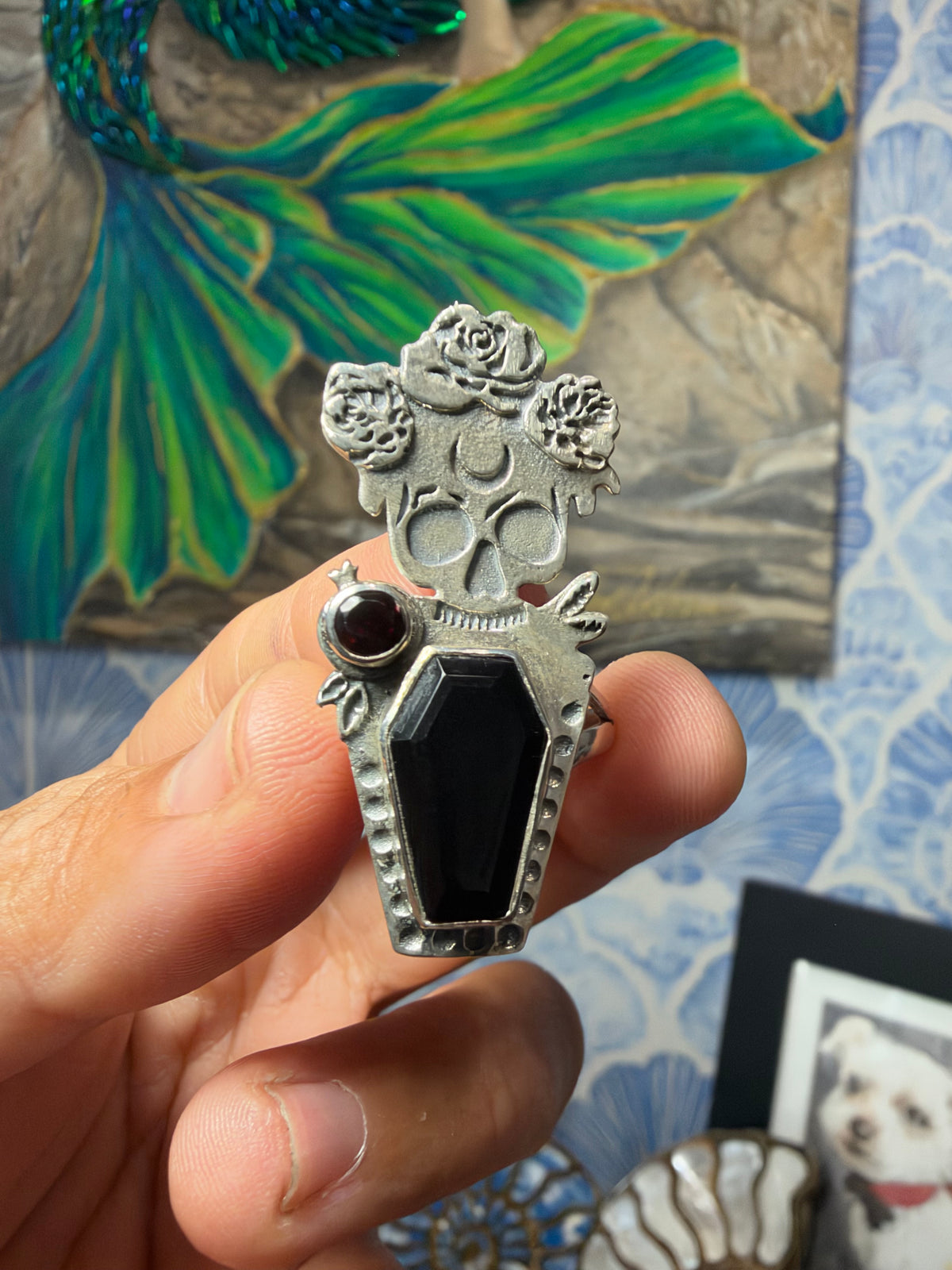 Onyx & Garnet Skull Coffin Silver Ring