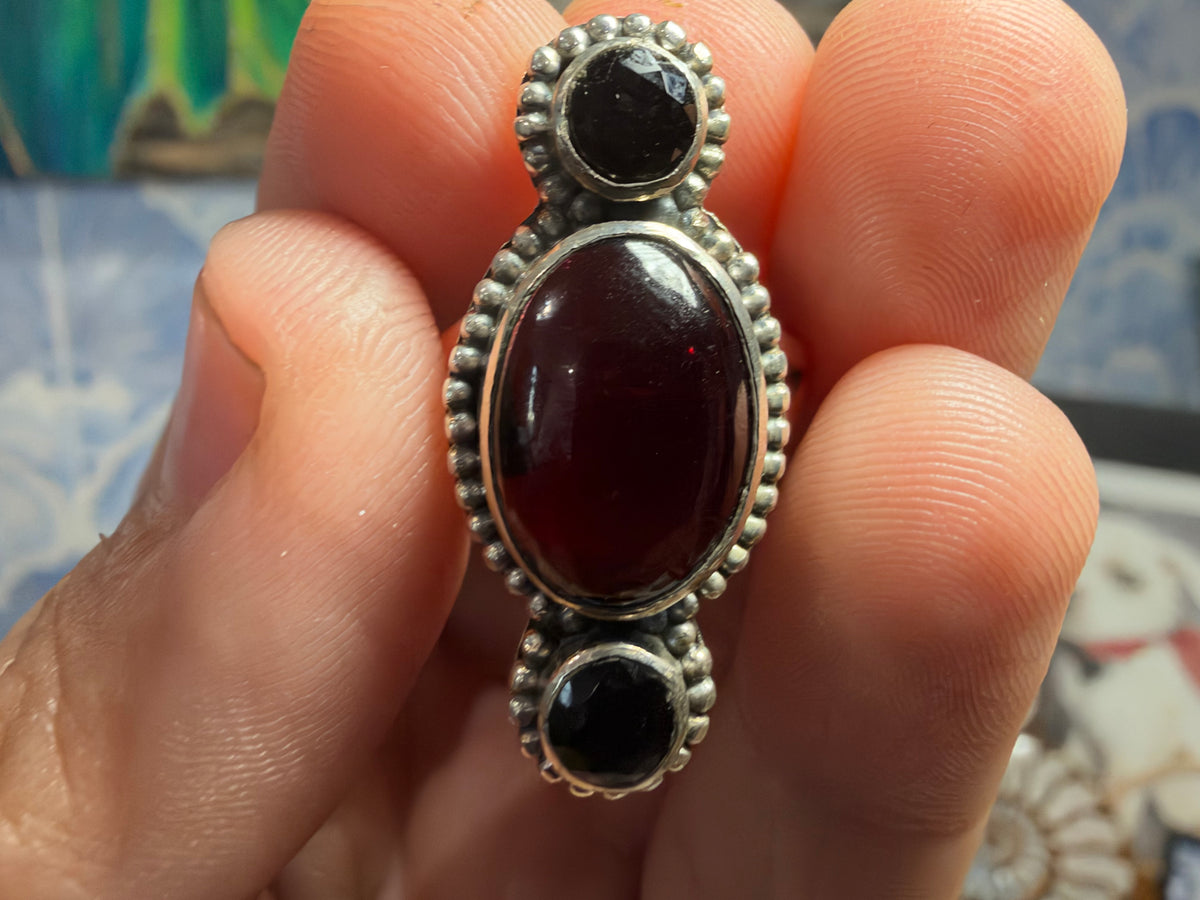 Garnet and Black Onyx Silver Statement Ring