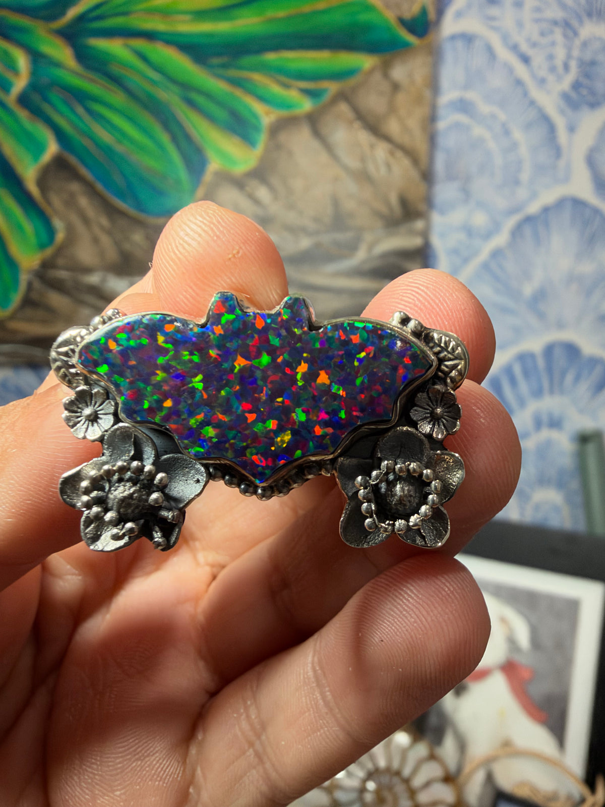 Black Confetti Opal Bat Ring