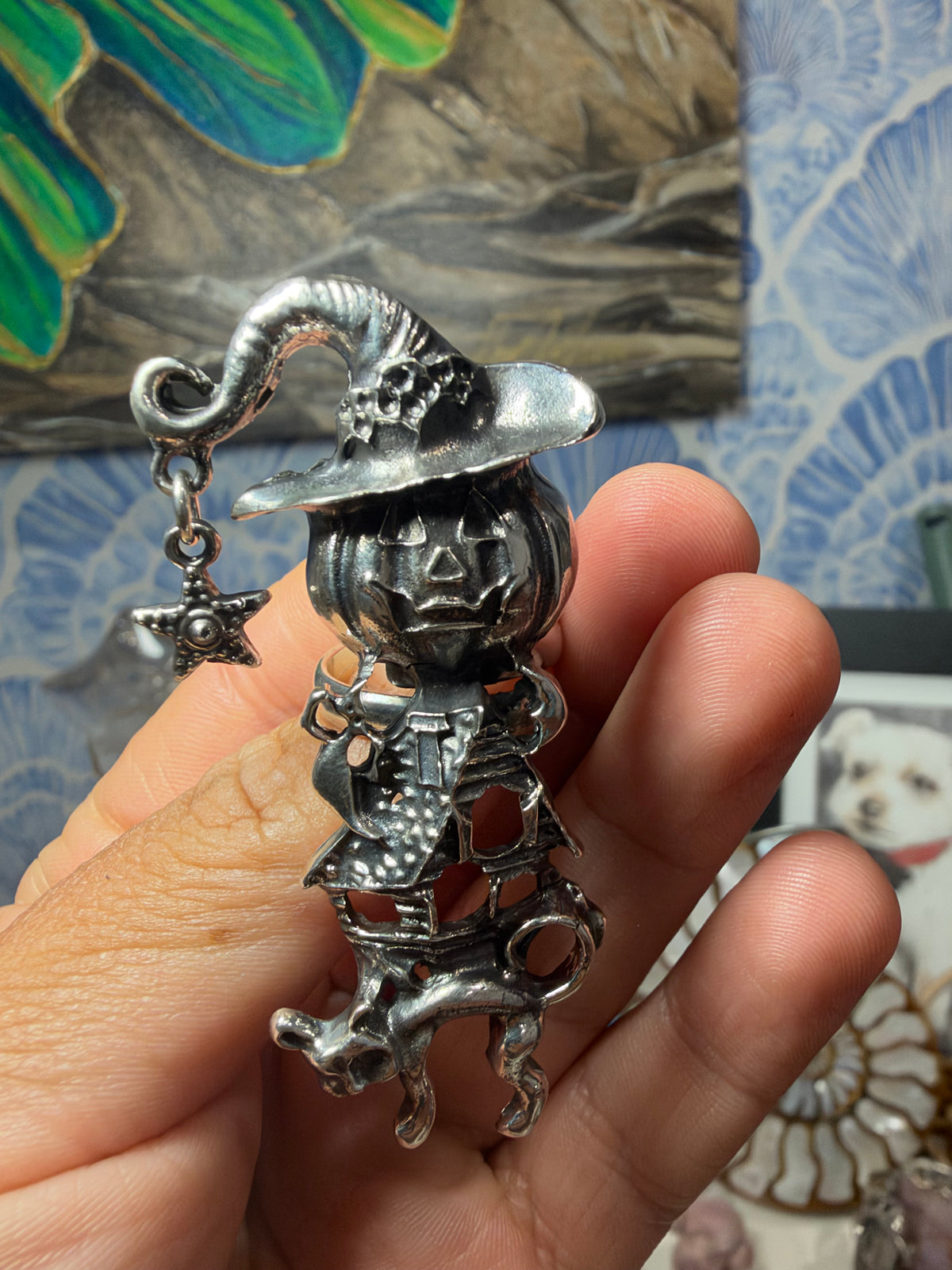Spooky Pumpkin Witch Silver-Toned Statement Ring