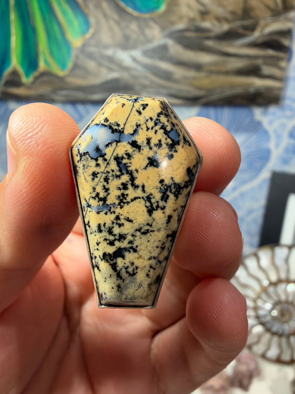 Dendritic Tiger Agate Coffin-Shaped Statement Ring