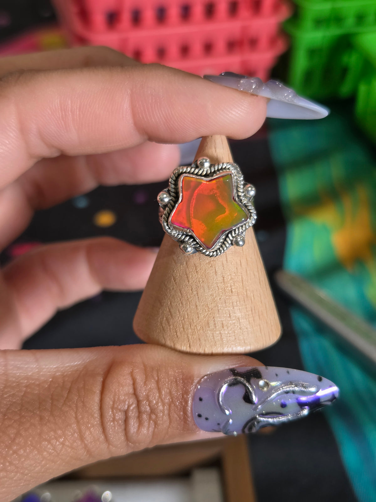 Strawberry Candy Aurora Opal Star Ring