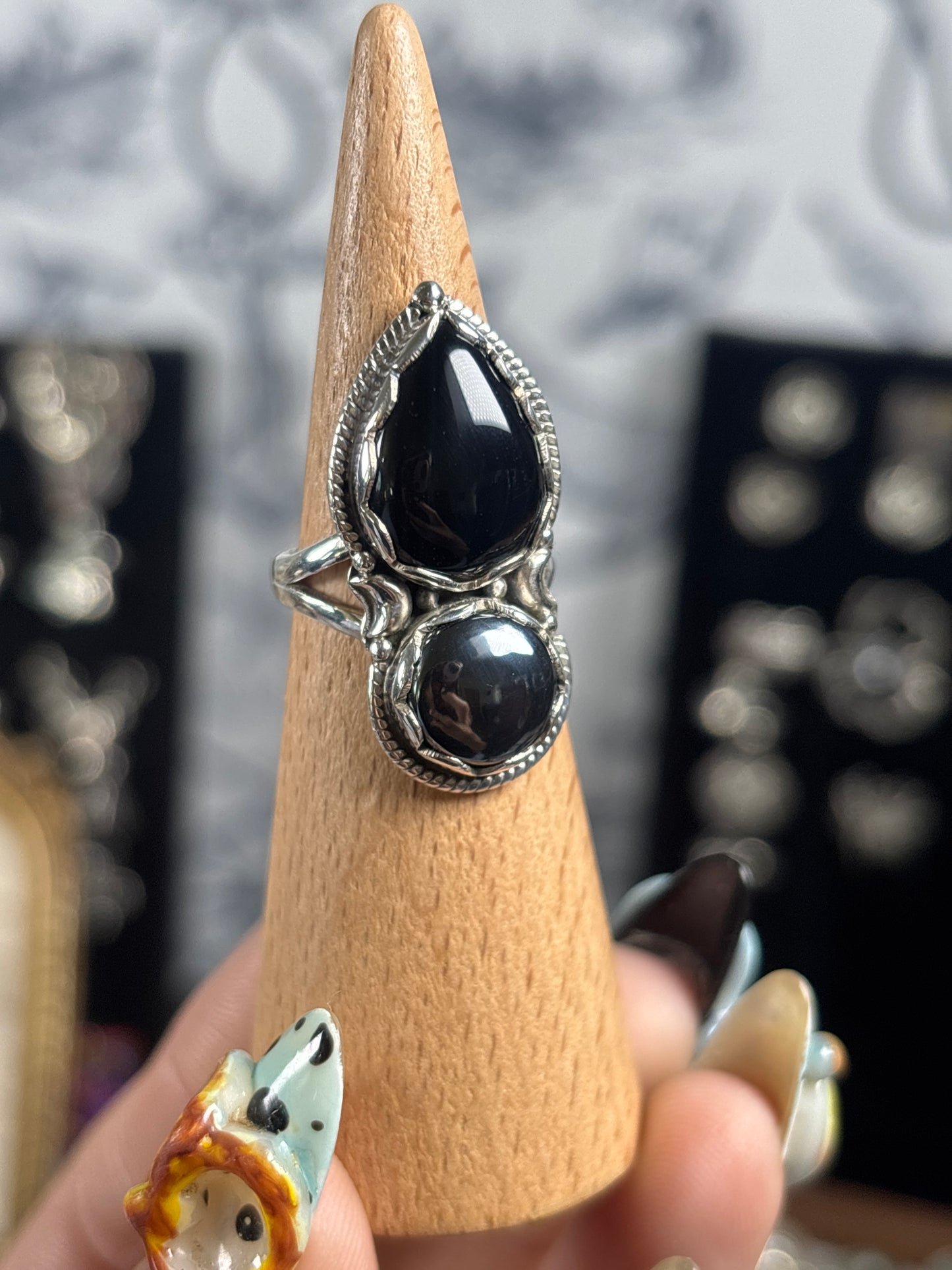 Hematite & obsidian ring