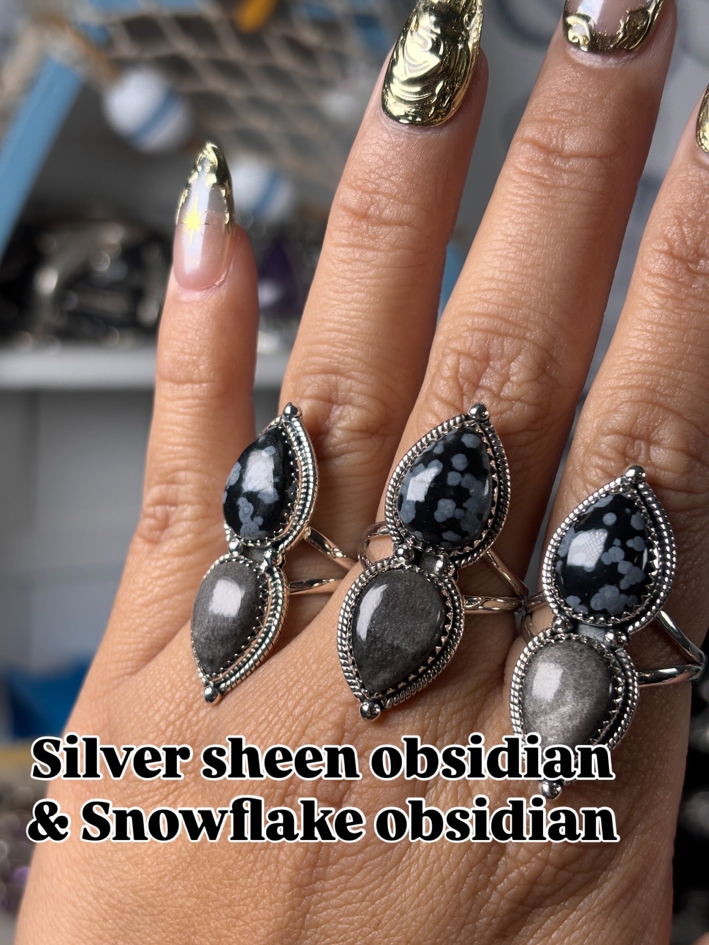 Silver sheen and Snowflake Obsidian Rings