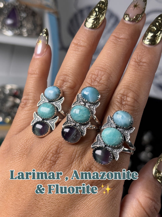 Larimar , Amazonite and Fluorite Rings