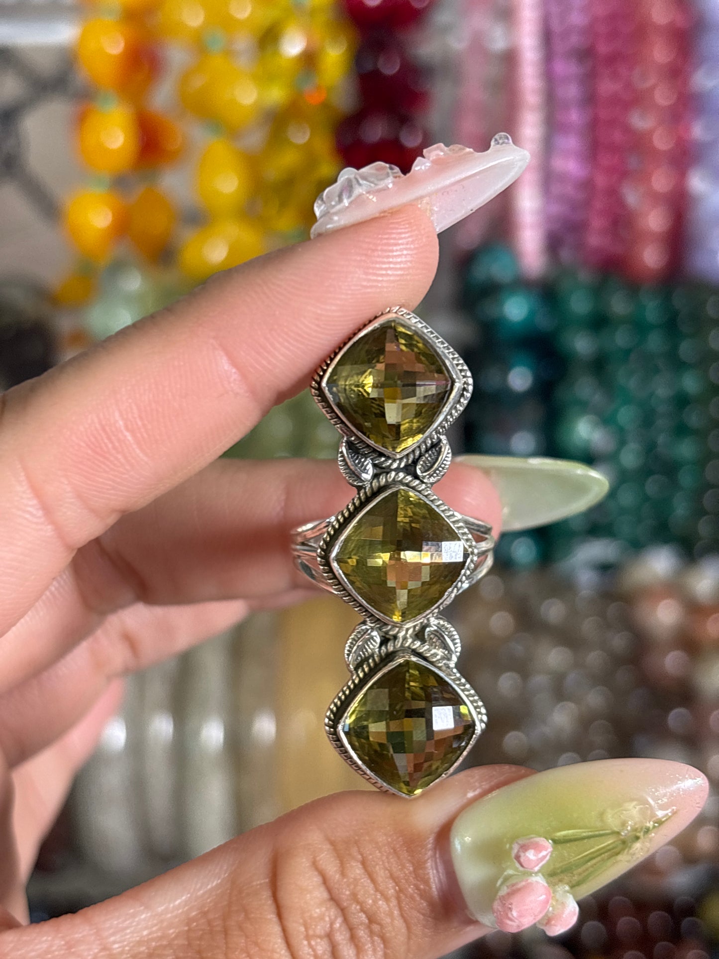 Pixalated Olive Quartz triple ring