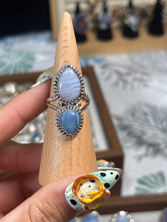 Blue Lace Agate + Blue Owyhee Opal Double Ring