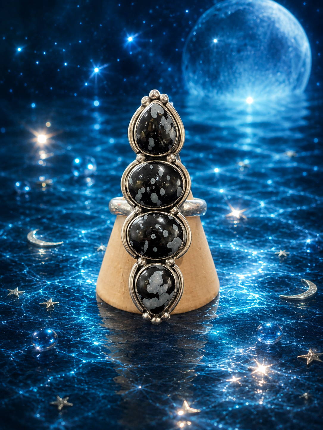 MULTI SNOWFLAKE OBSIDIAN SILVER RING