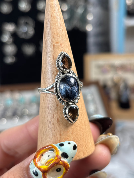 Pietersite and Smokey Quartz ring
