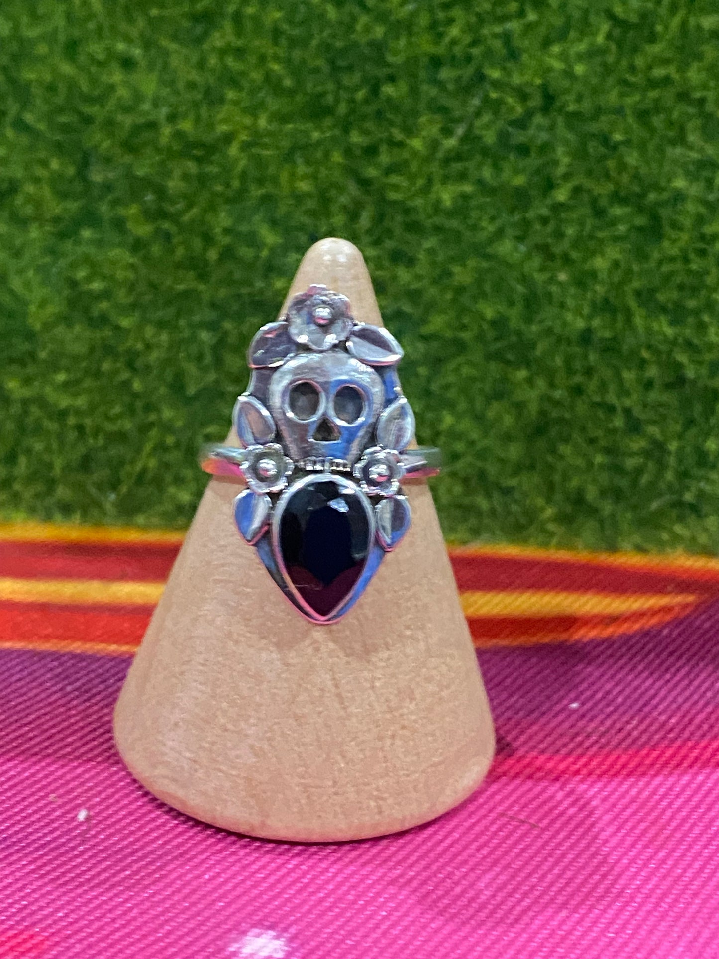 Black Onyx Skull & Roses Ring