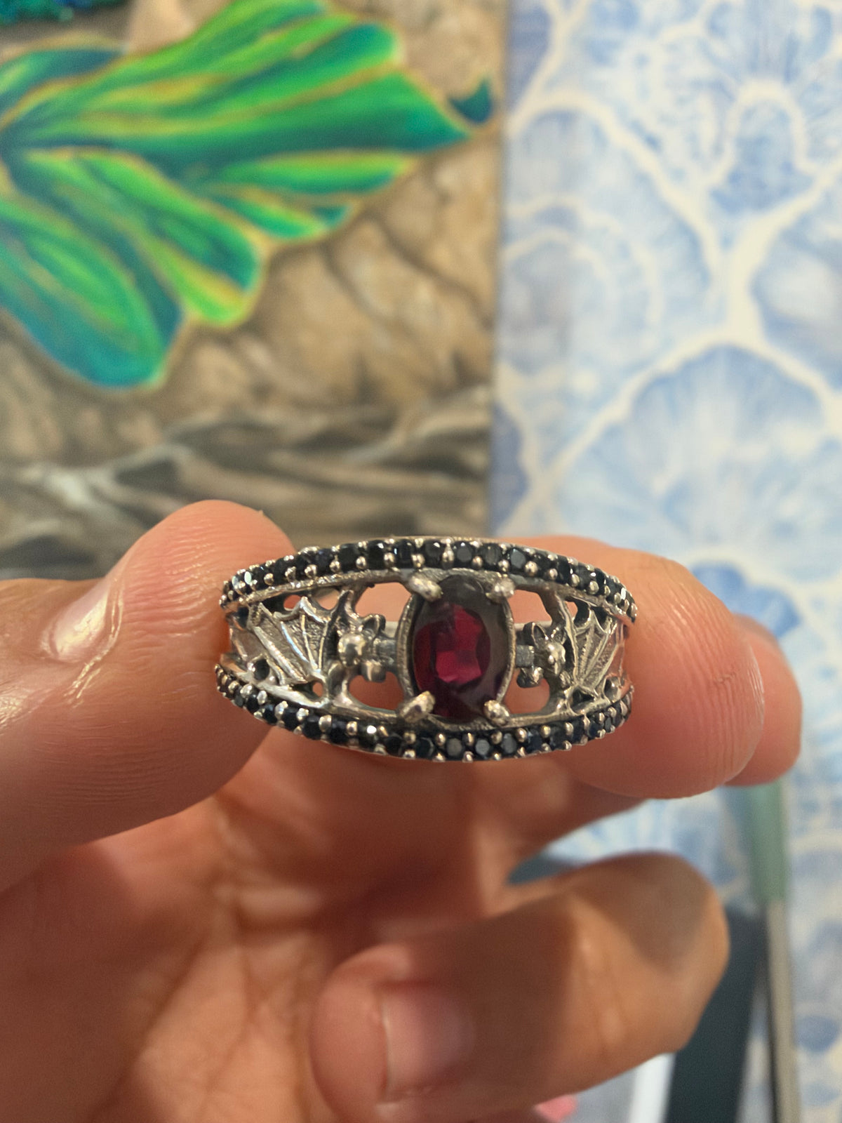 Garnet and Black Spinel Silver Ring