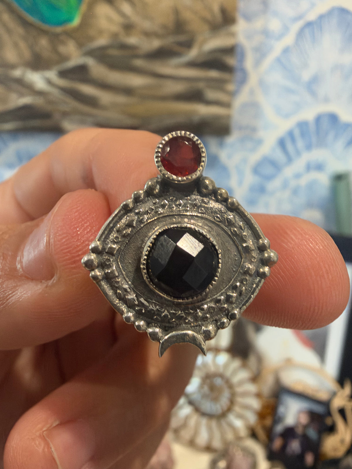 Black Onyx and Garnet Silver Ring
