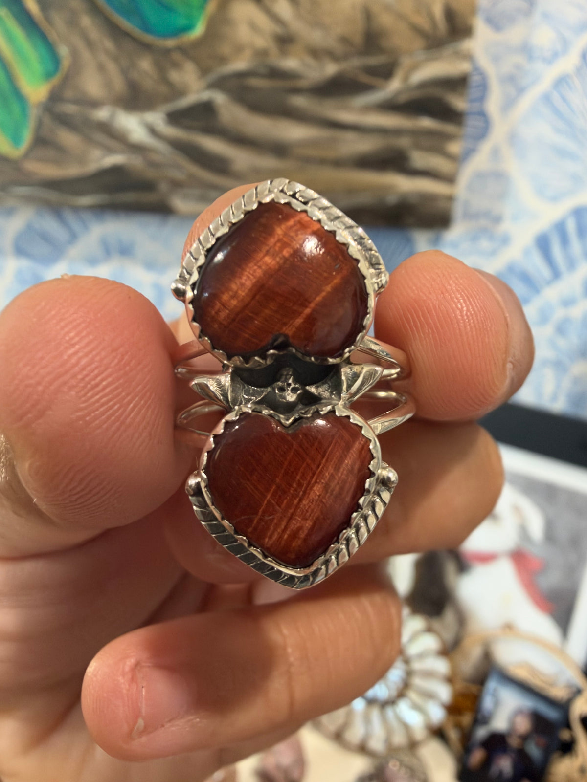 Red Tiger’s Eye Double Heart Silver  Ring