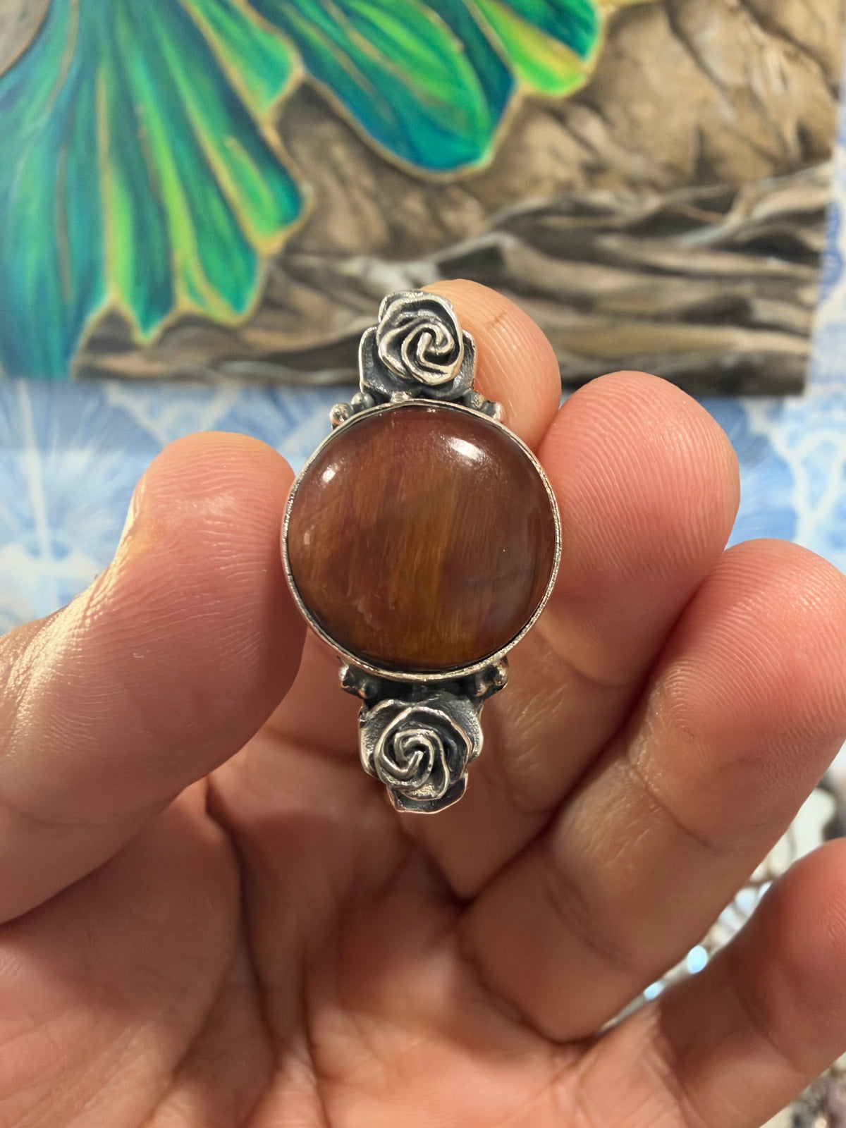 Red Tiger’s Eye Rose Silver Ring