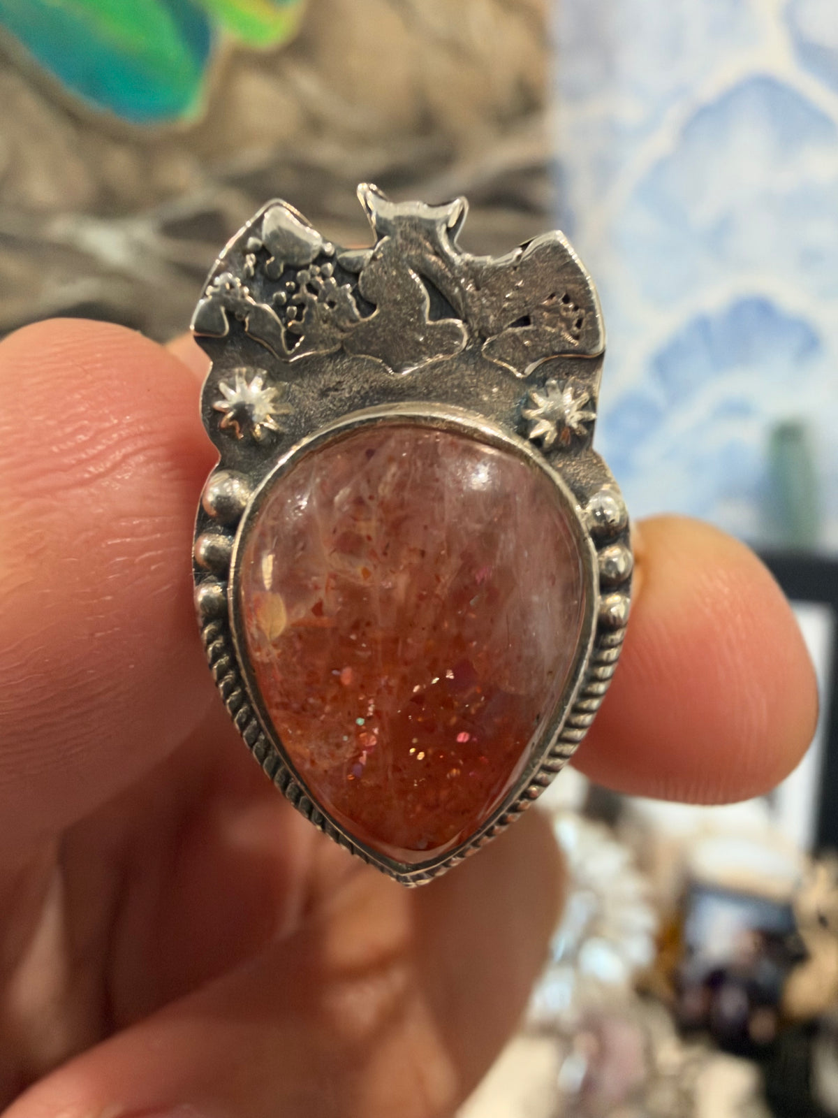Sunstone Silver Ring – Bat & Moon Design