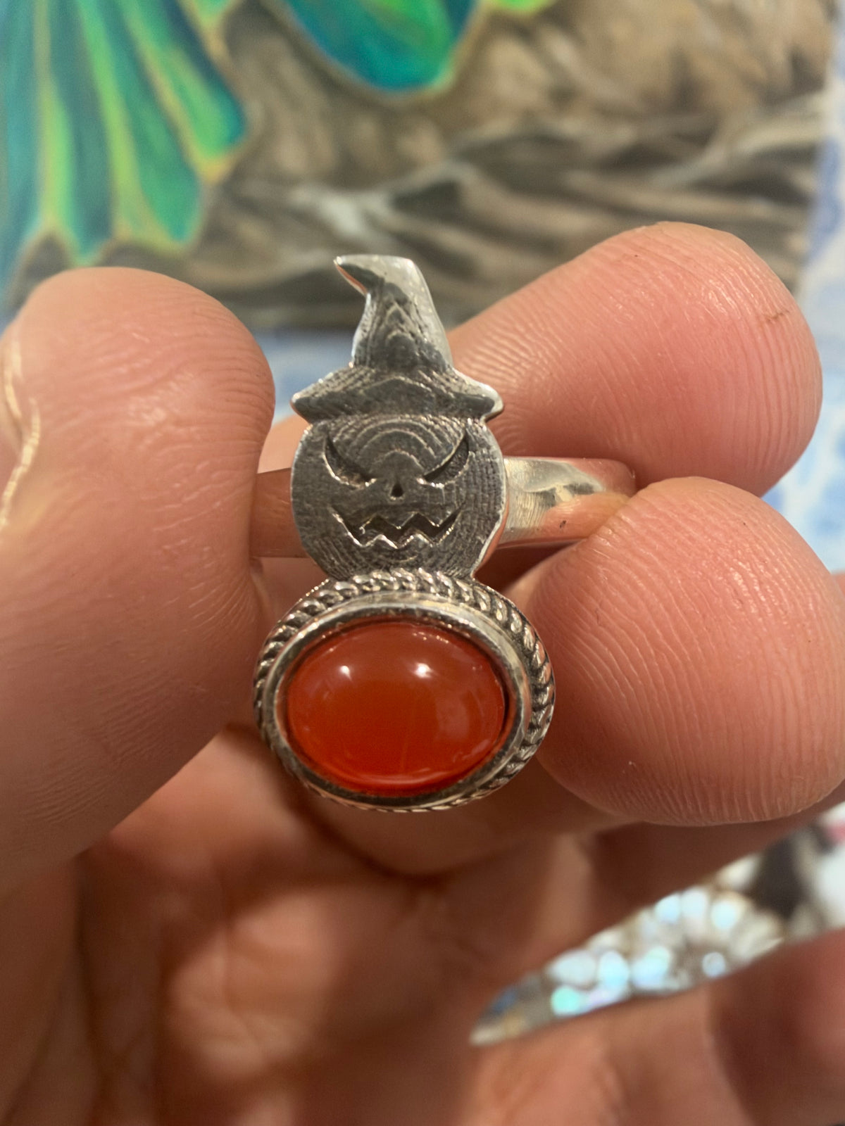Carnelian Halloween Pumpkin Silver Ring
