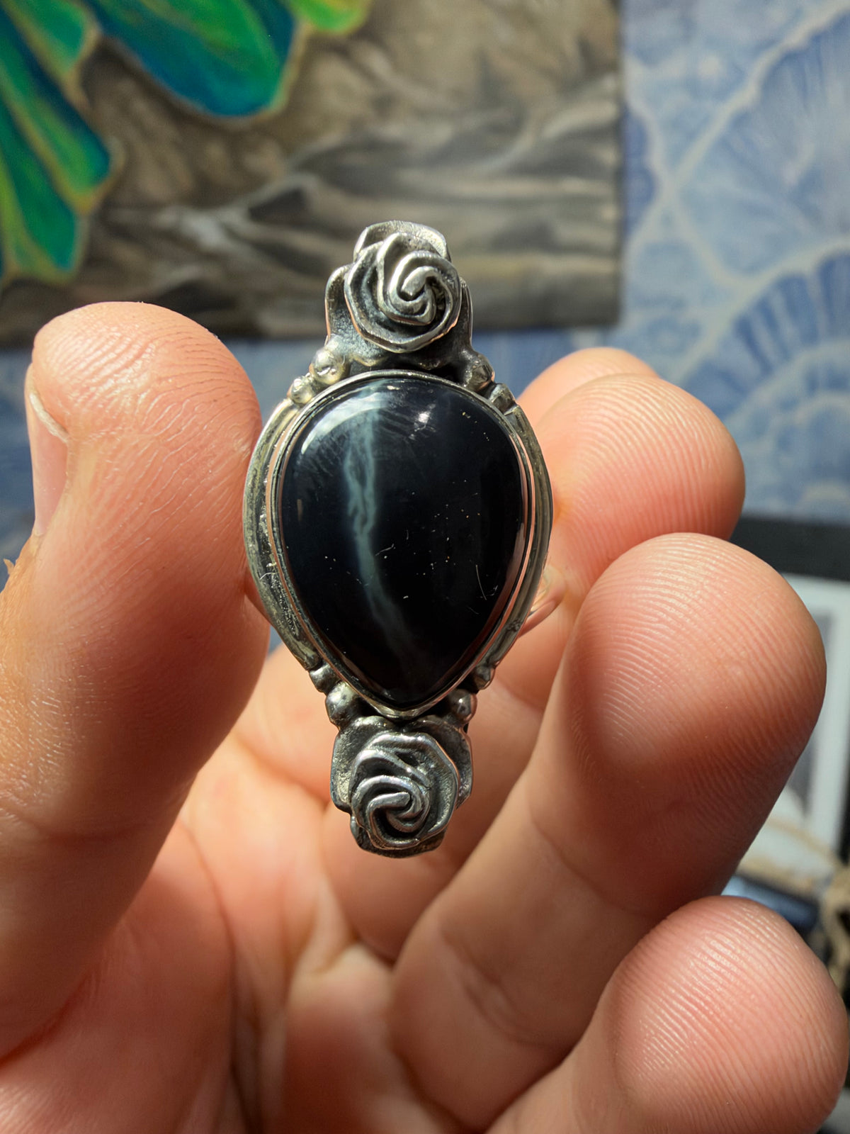 Spiderweb Obsidian Silver Ring