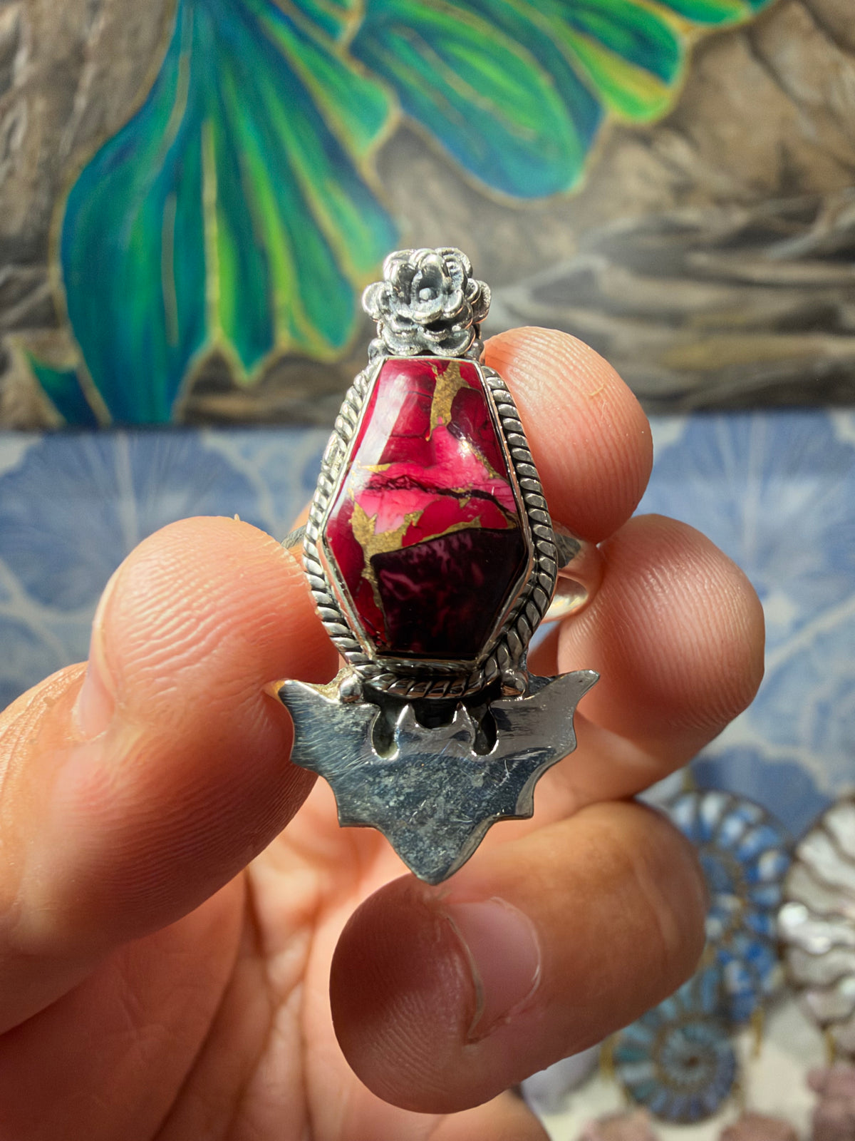 Rose Dahlia Bat & Rose Silver Ring