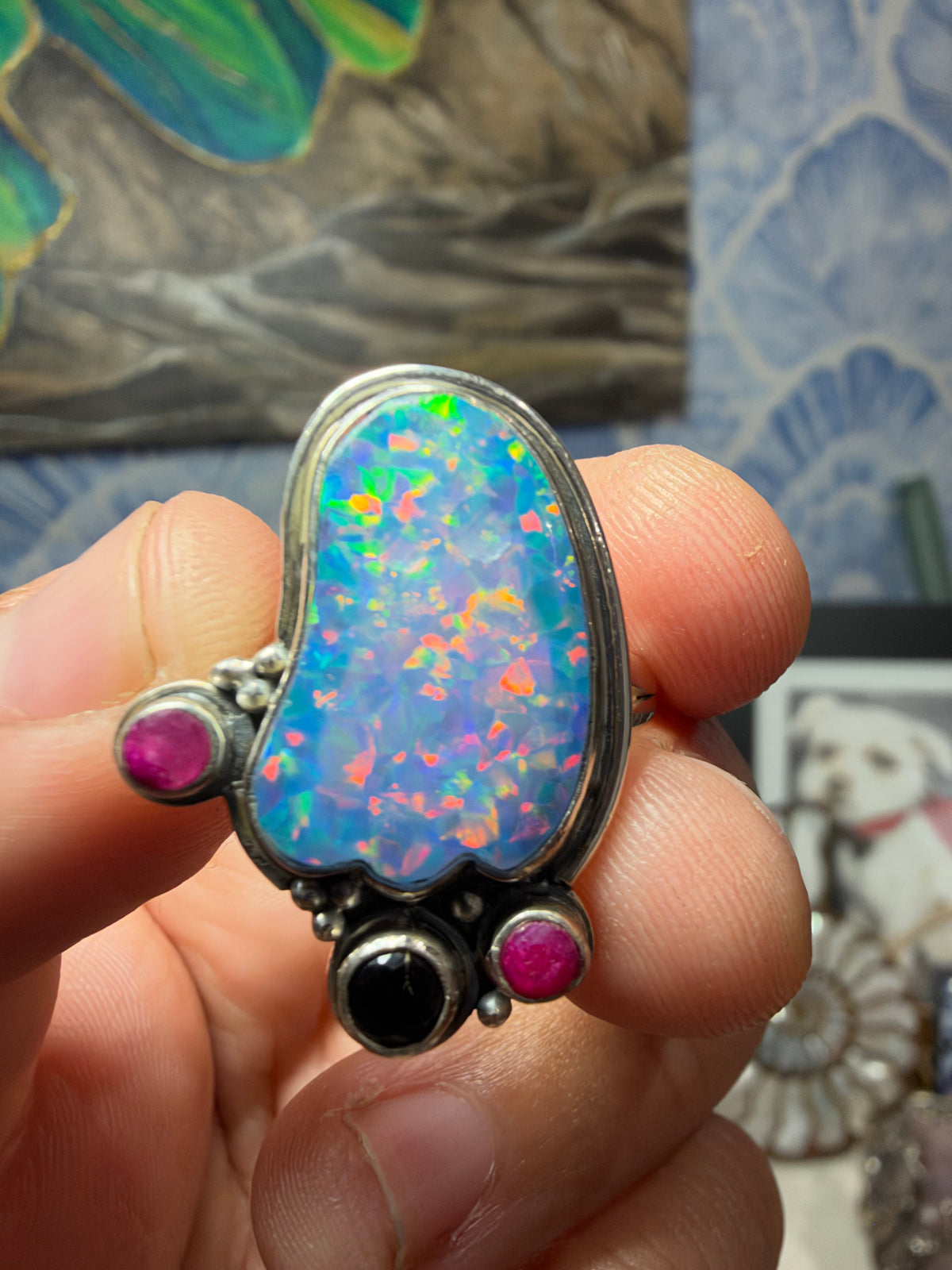 Confetti Flash Opal, Ruby & Black Onyx Silver Statement Ring