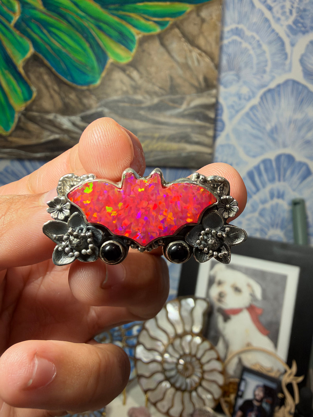 Peach Pink Confetti Opal and  Black Onyx Bat Silver  Ring