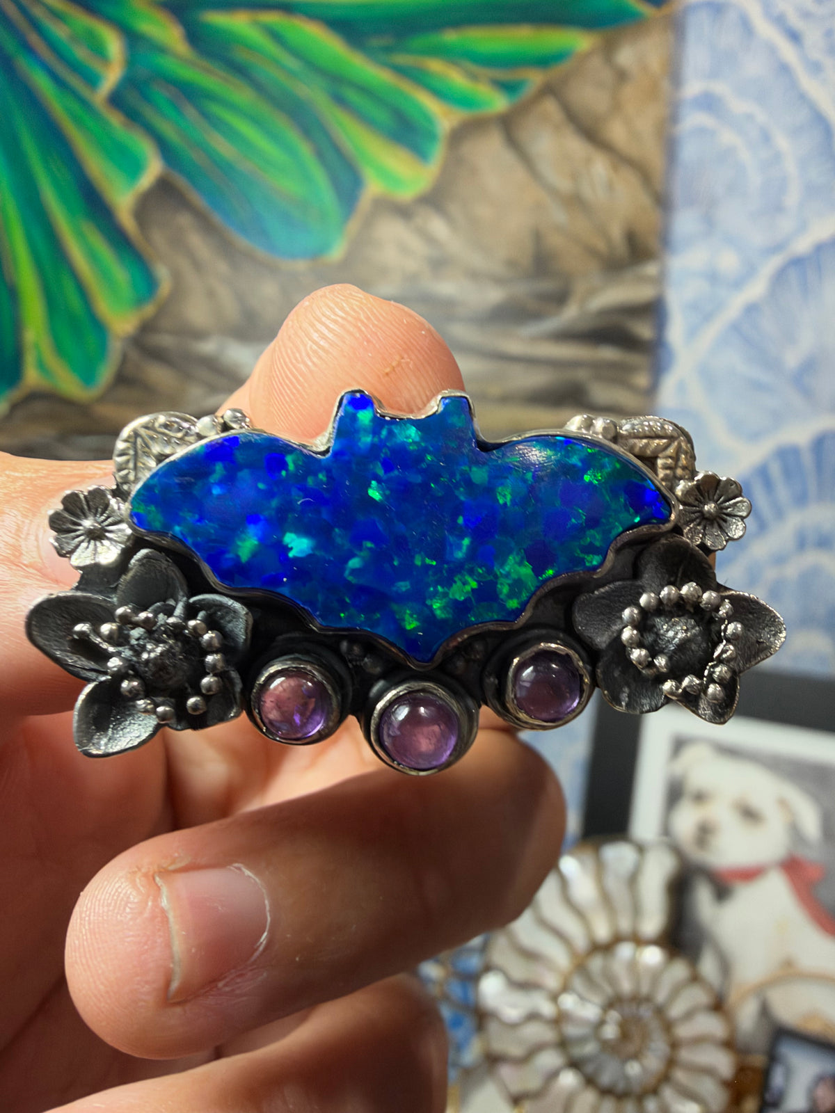 Blue Confetti Flash Opal & Amethyst Bat Silver Ring