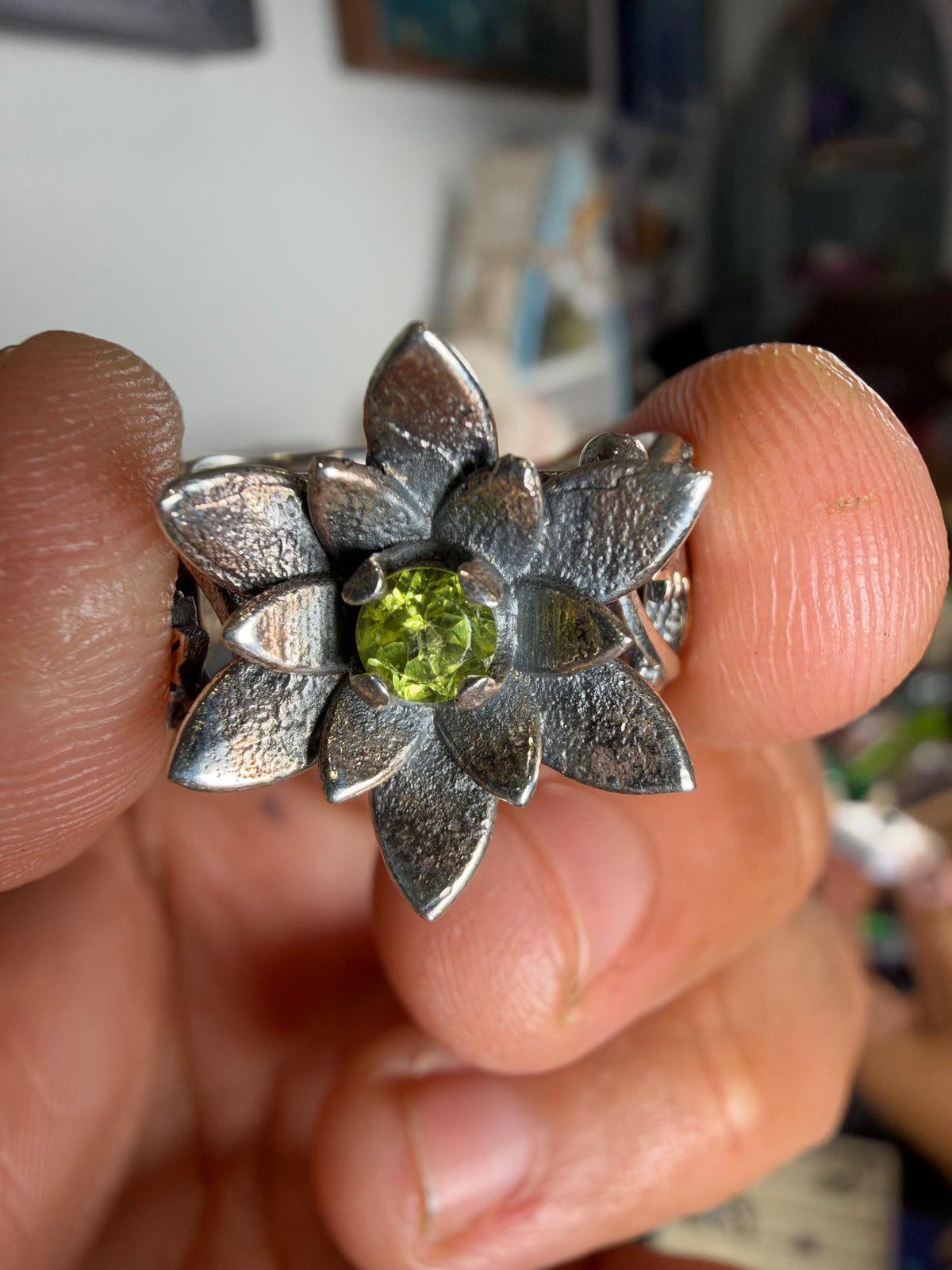 Peridot Floral Silver-Toned Statement Ring