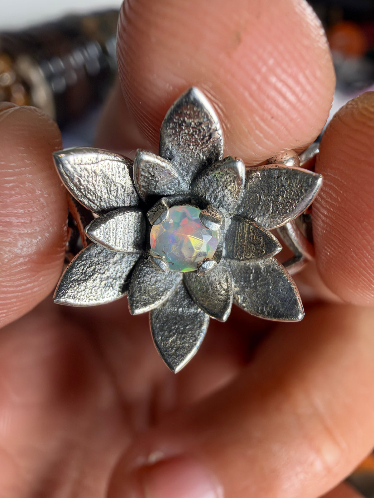 Ethiopian Opal Floral Silver-Toned Statement Ring